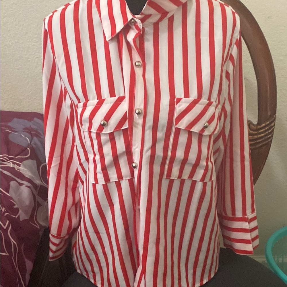 Adrienne Vittadini Red and White Striped Shirt